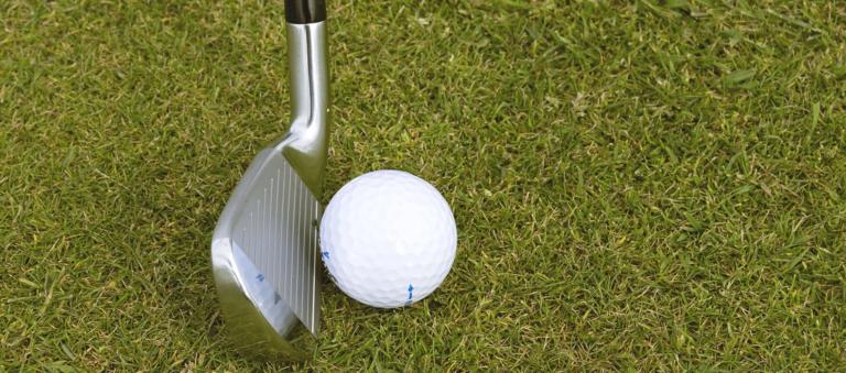 Palica in žogica za golf na travi.