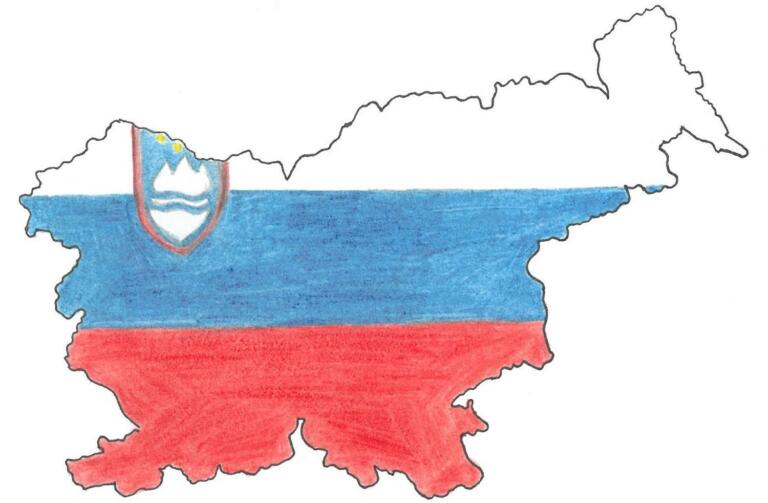 Obris Slovenije, pobarvan v belo, modro in rdečo barvo slovenske zastave, z državnim grbom.