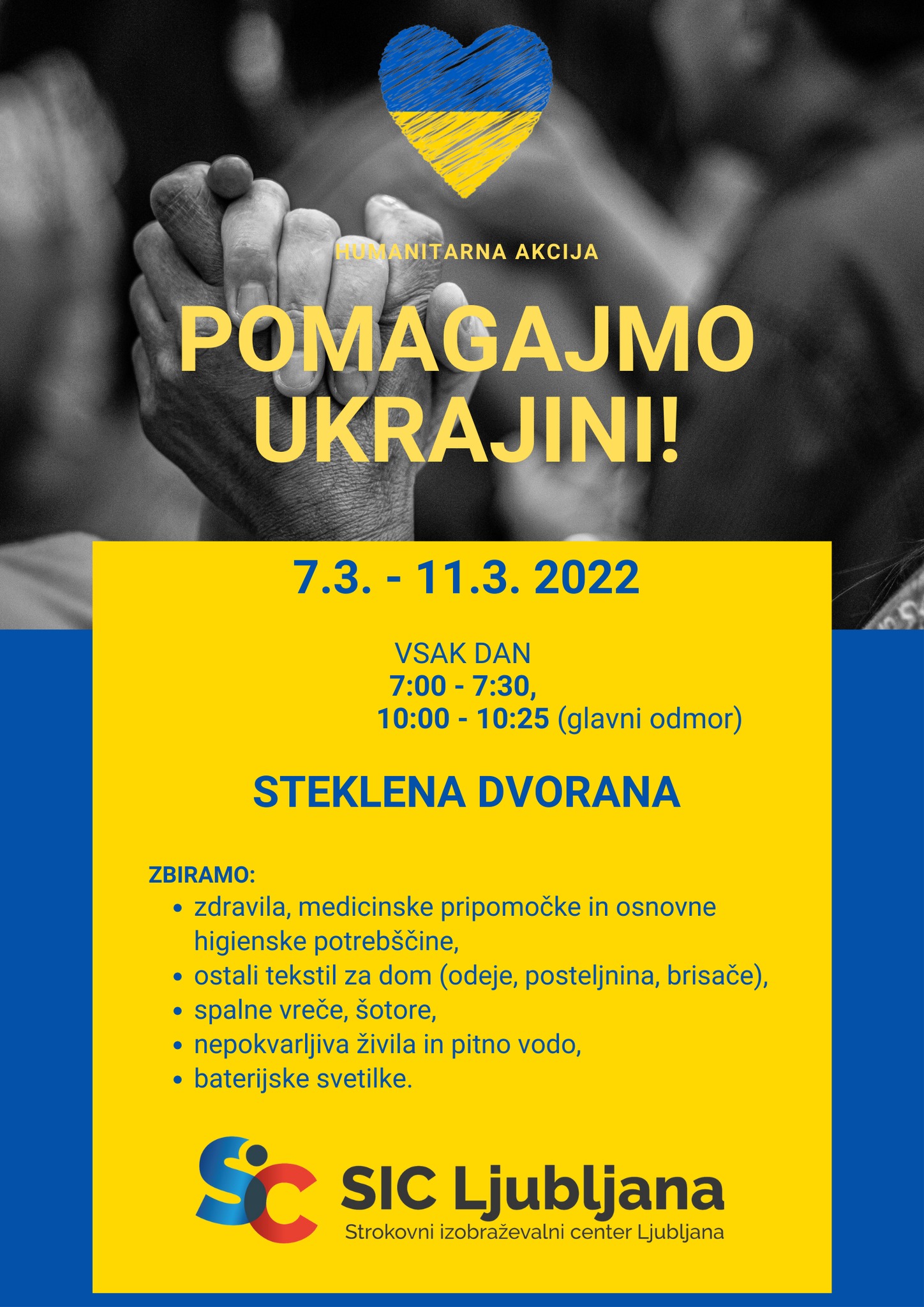 Humanitarna akcija Pomagajmo Ukrajini: sklenjene roke in srce v modri in rumeni barvi.