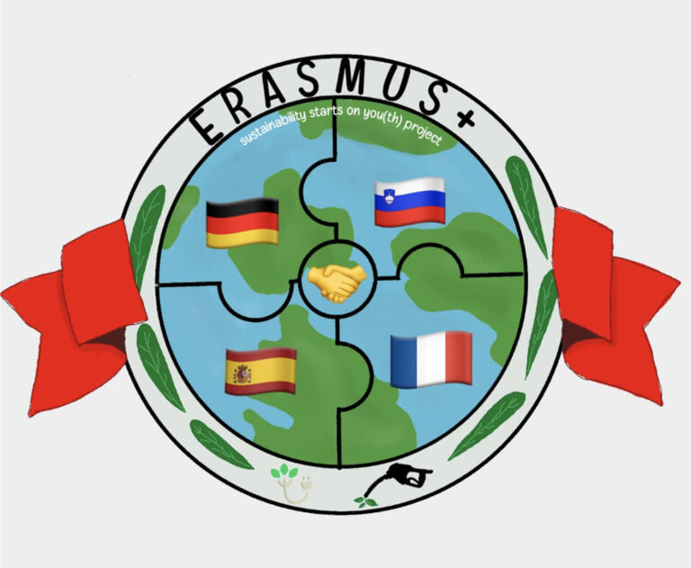 Risani logotip Erasmus+ z Zemljo in zastavami.