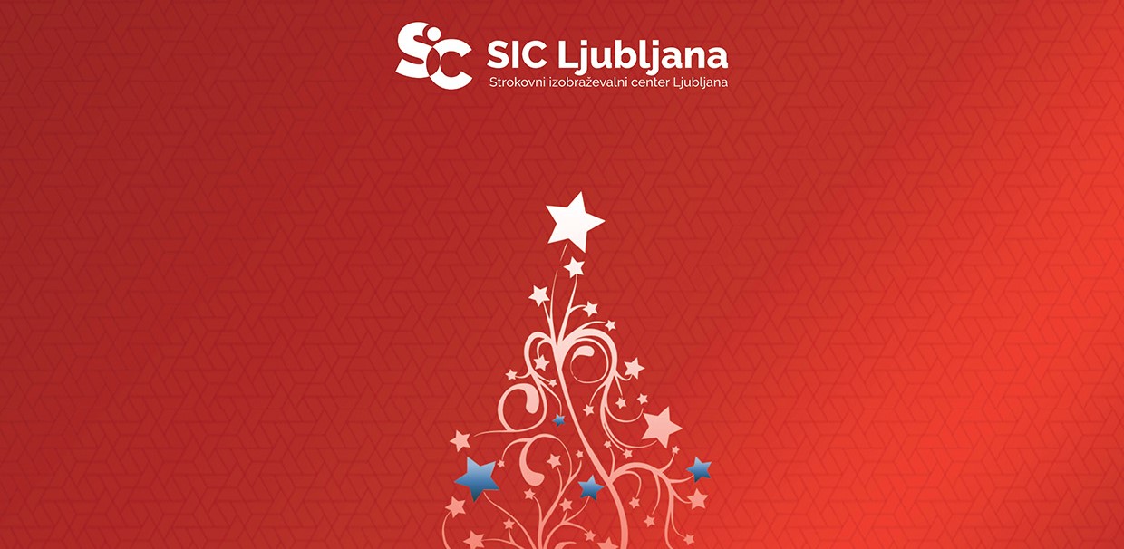 Voščilo SIC Ljubljana z božičnim drevescem na rdečem ozadju.