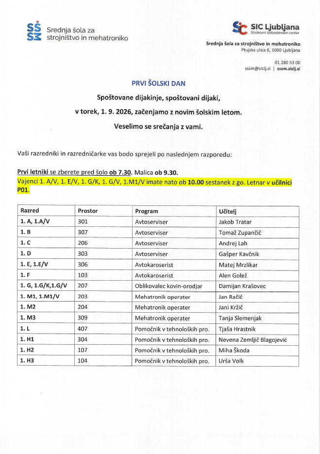 Obvestilo za prvi šolski dan na SŠSM 1. septembra 2026 z razporedom za prve letnike in vajence.