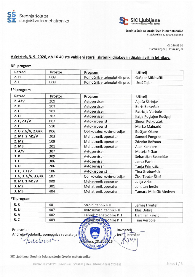 Vabilo na roditeljski sestanek za starše in skrbnike dijakov višjih letnikov SŠSM 3. septembra 2026 ob 16.40 z razporedom po učilnicah.