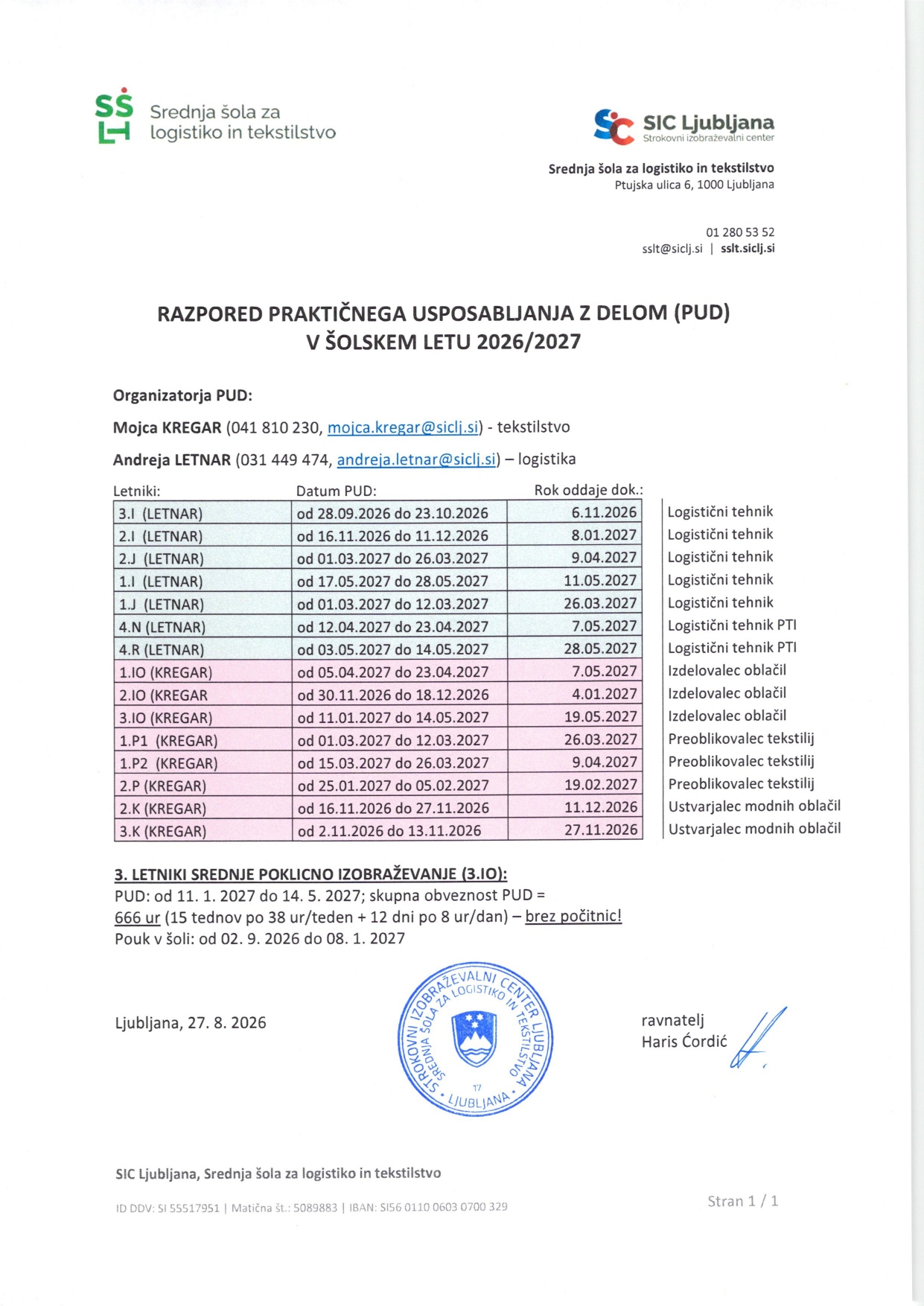 Razpored praktičnega usposabljanja z delom (PUD) SŠLT za šolsko leto 2026/27 z oddelki in termini.